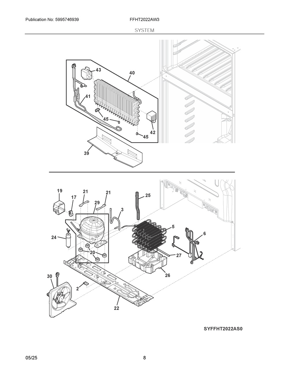 System Diagram and Parts List for FFHT2022AW3  Frigidaire Refrigerator