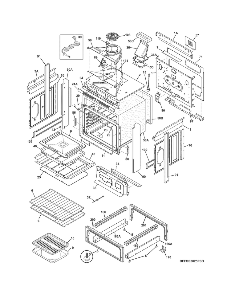 Body Diagram and Parts List for FFGS3025PSD  Frigidaire Range