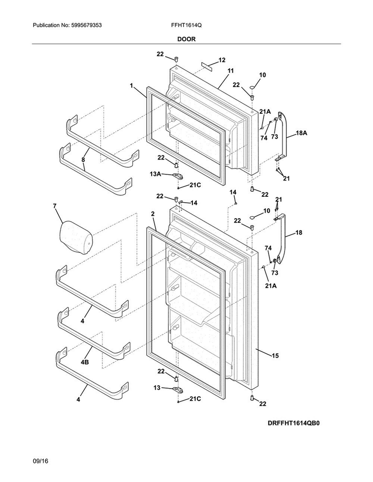 Door Diagram and Parts List for FFHT1614QZ3  Frigidaire Refrigerator
