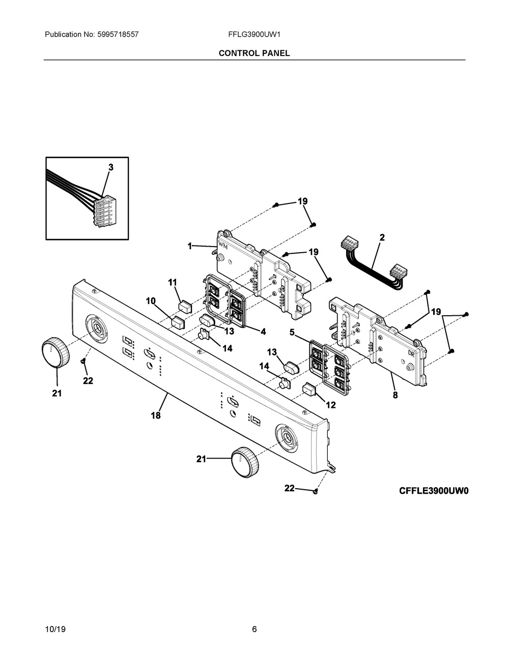 Control Panel Diagram and Parts List for FFLG3900UW1  Frigidaire Washer Dryer Combo