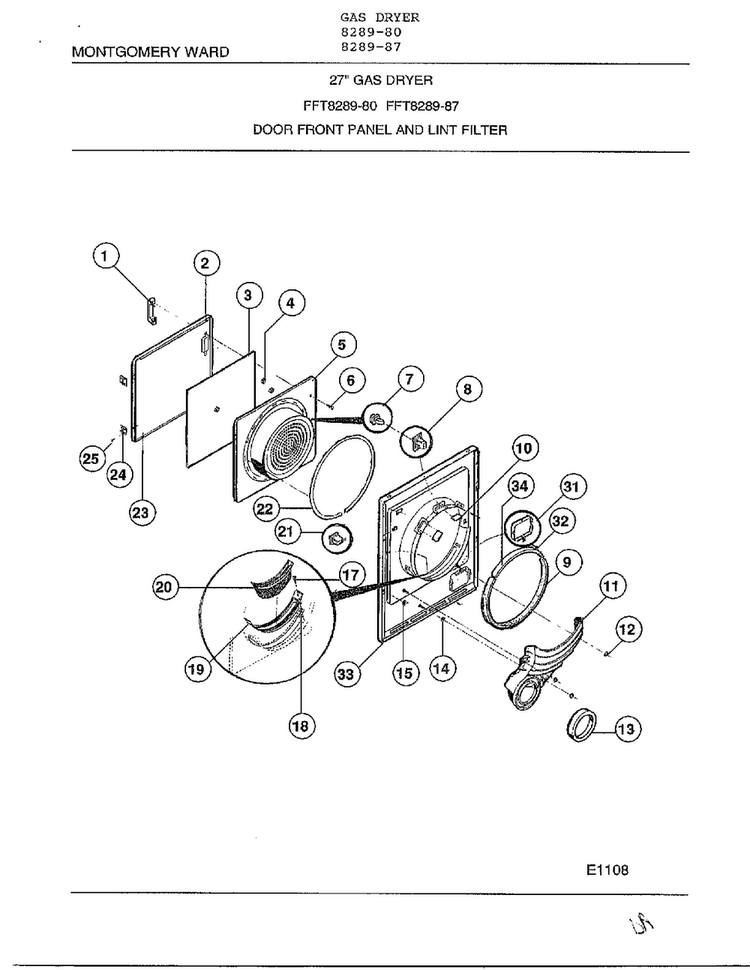 Door Front Panel And Lint Filter Diagram and Parts List for 8289-87  Frigidaire Dryer