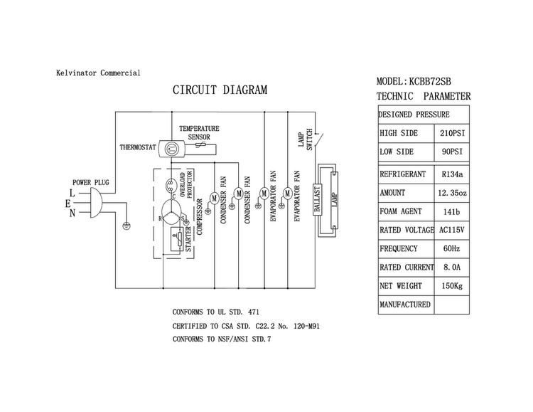 Wiring Diagram Diagram and Parts List for KCBB72SB  Kelvinator Cooler
