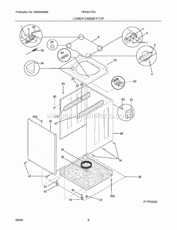 Lower Cabinet/Top Diagram and Parts List for FEX831FS4  Frigidaire Washer Dryer Combo