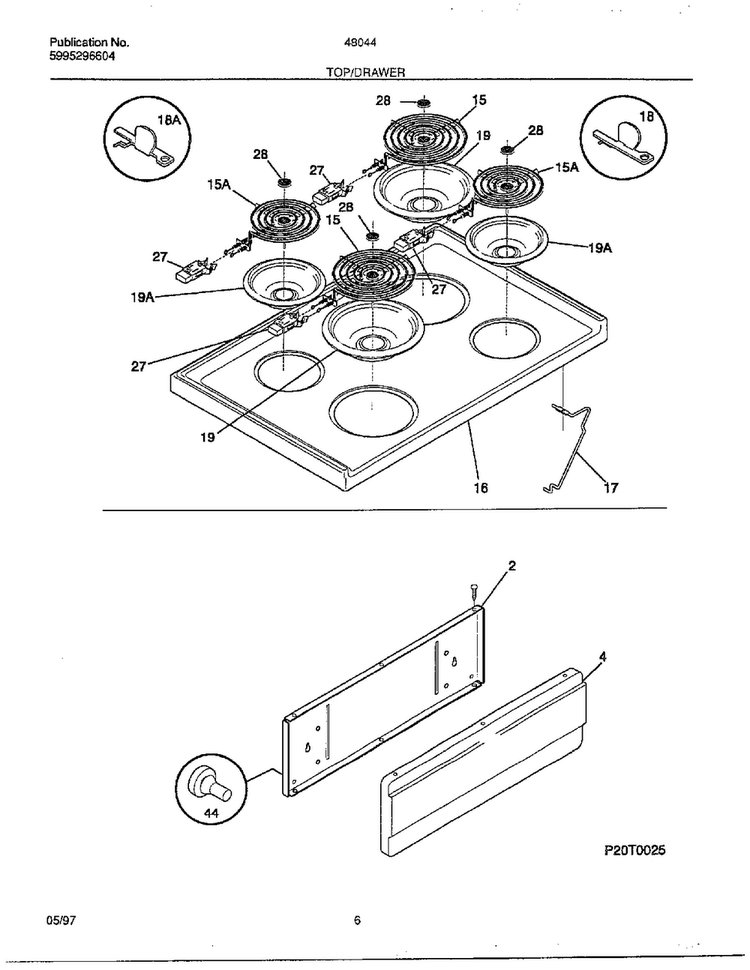 Top/drawer Diagram and Parts List for 48044  Frigidaire Range