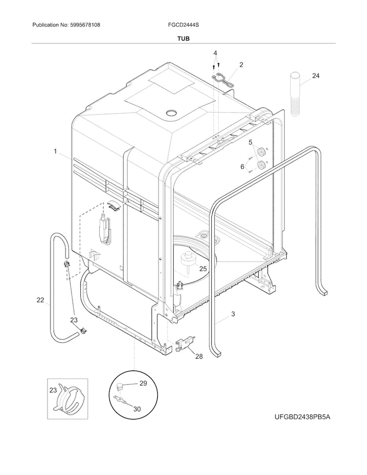 Tub Diagram and Parts List for FGCD2444SB1A  Frigidaire Dishwasher