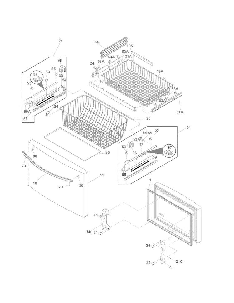 Freezer Drawer, Baskets Diagram and Parts List for 25370312211  Kenmore Refrigerator