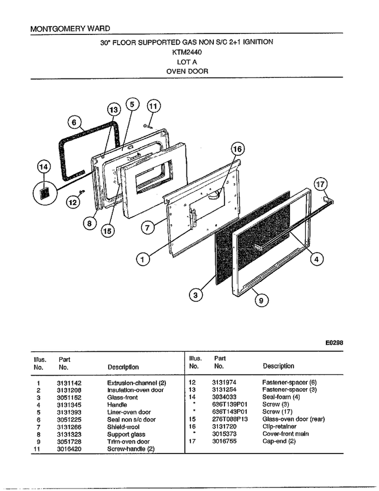 30" Gas Range/oven Door Diagram and Parts List for 2440A  Frigidaire Range