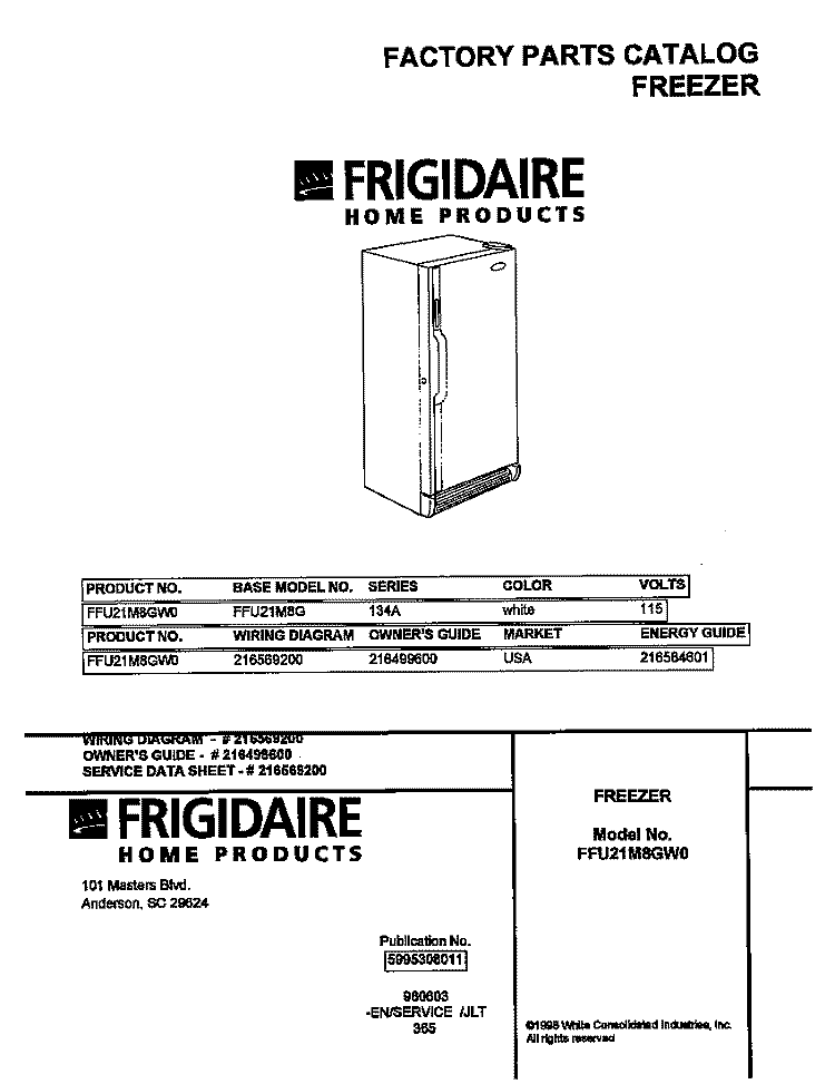 COVER Diagram and Parts List for FFU21M8GW0  Frigidaire Freezer
