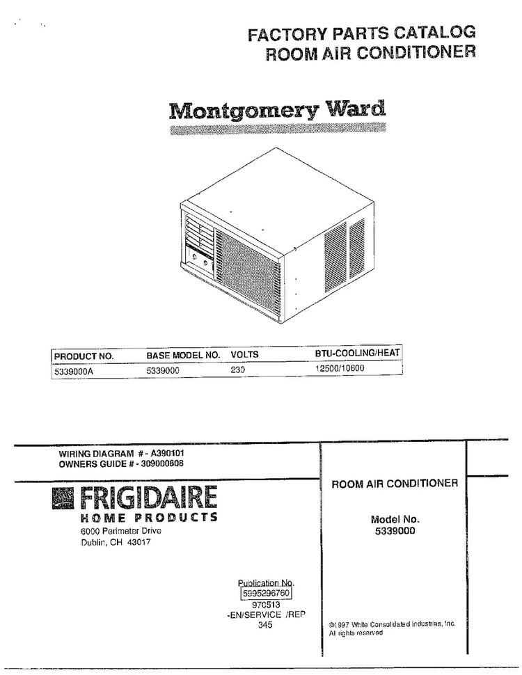 Room Air Conditioner Diagram and Parts List for 5339000  Frigidaire Air Conditioner
