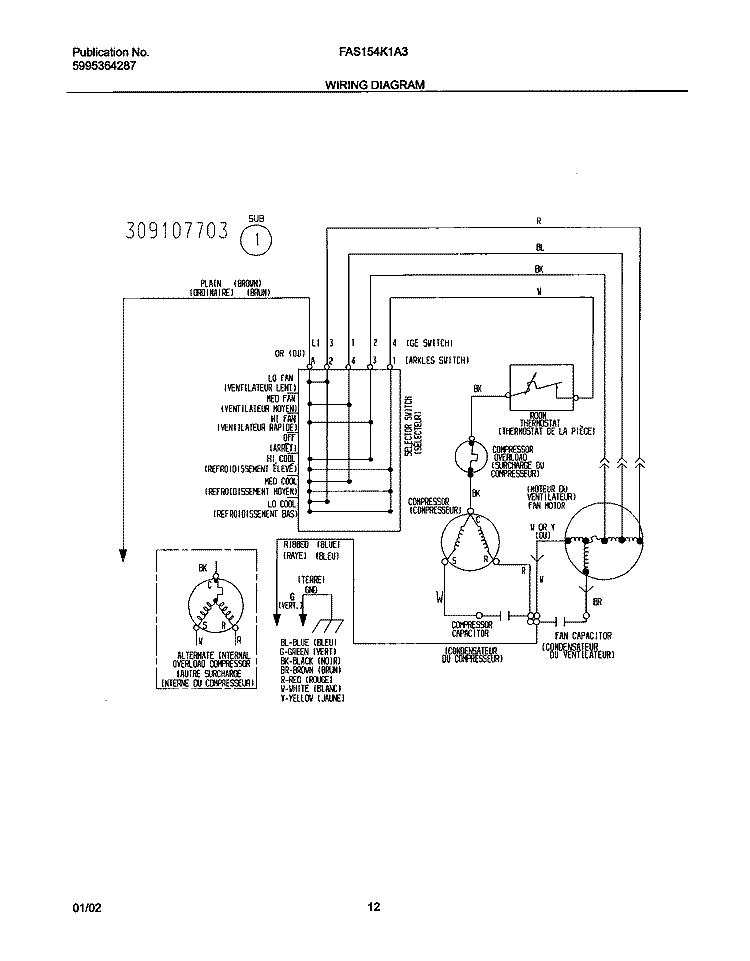 WIRING DIAGRAM Diagram and Parts List for FAS154K1A3  Frigidaire Air Conditioner