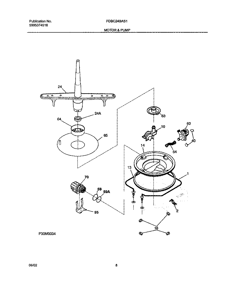 MOTOR & PUMP Diagram and Parts List for FDBC24BAS1  Frigidaire Dishwasher