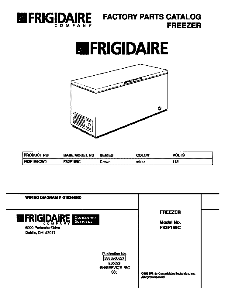 COVER Diagram and Parts List for F82F169CW0  Frigidaire Freezer