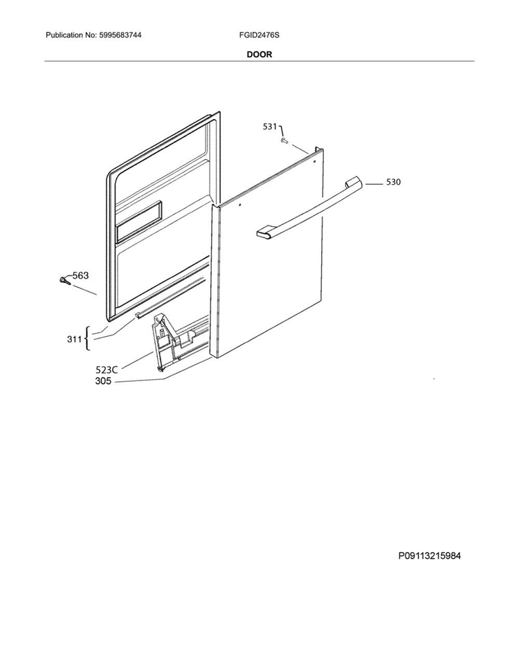 Door Diagram and Parts List for FGID2476SB0A  Frigidaire Dishwasher