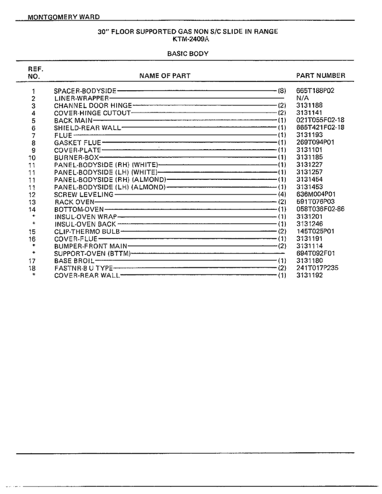 30" Floor/basic Body Page 2 Diagram and Parts List for 2409A  Frigidaire Range