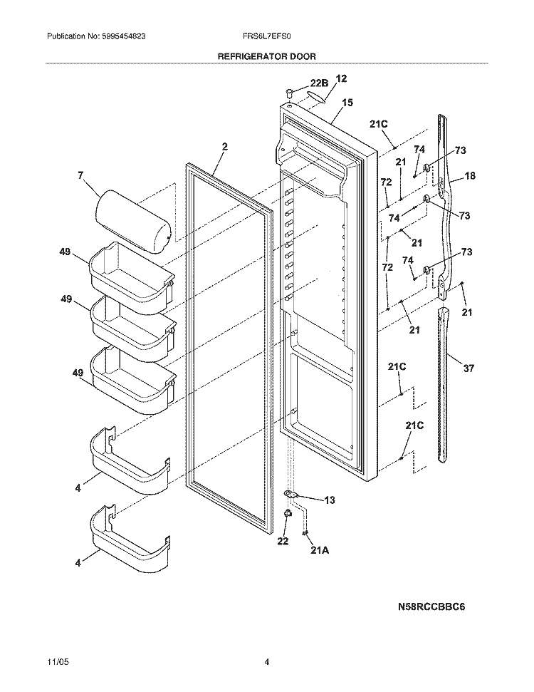 REFRIGERATOR DOOR Diagram and Parts List for FRS6L7EFS0  Frigidaire Refrigerator