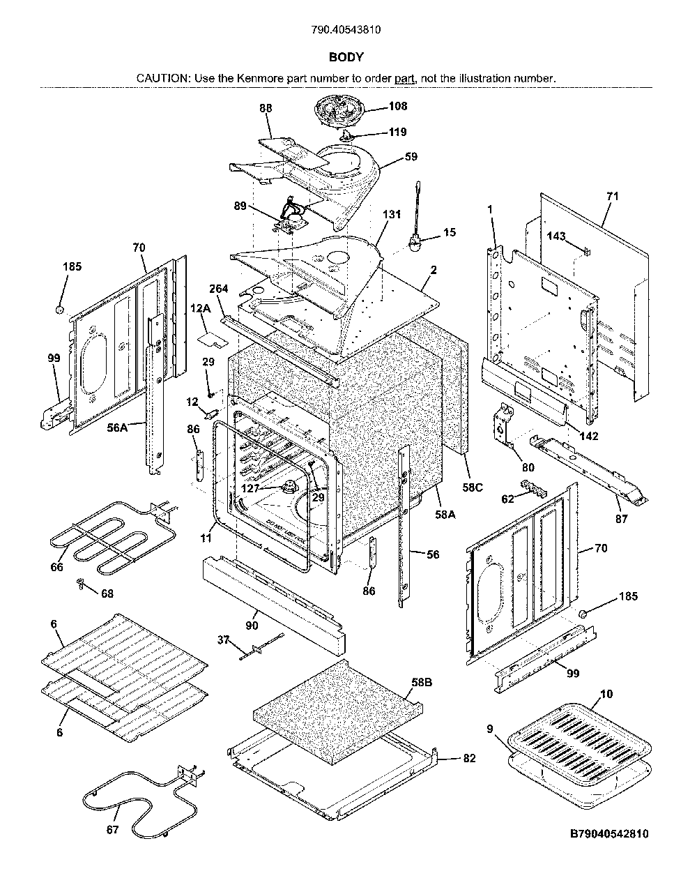 Body Diagram and Parts List for 79040543810  Kenmore Wall Oven