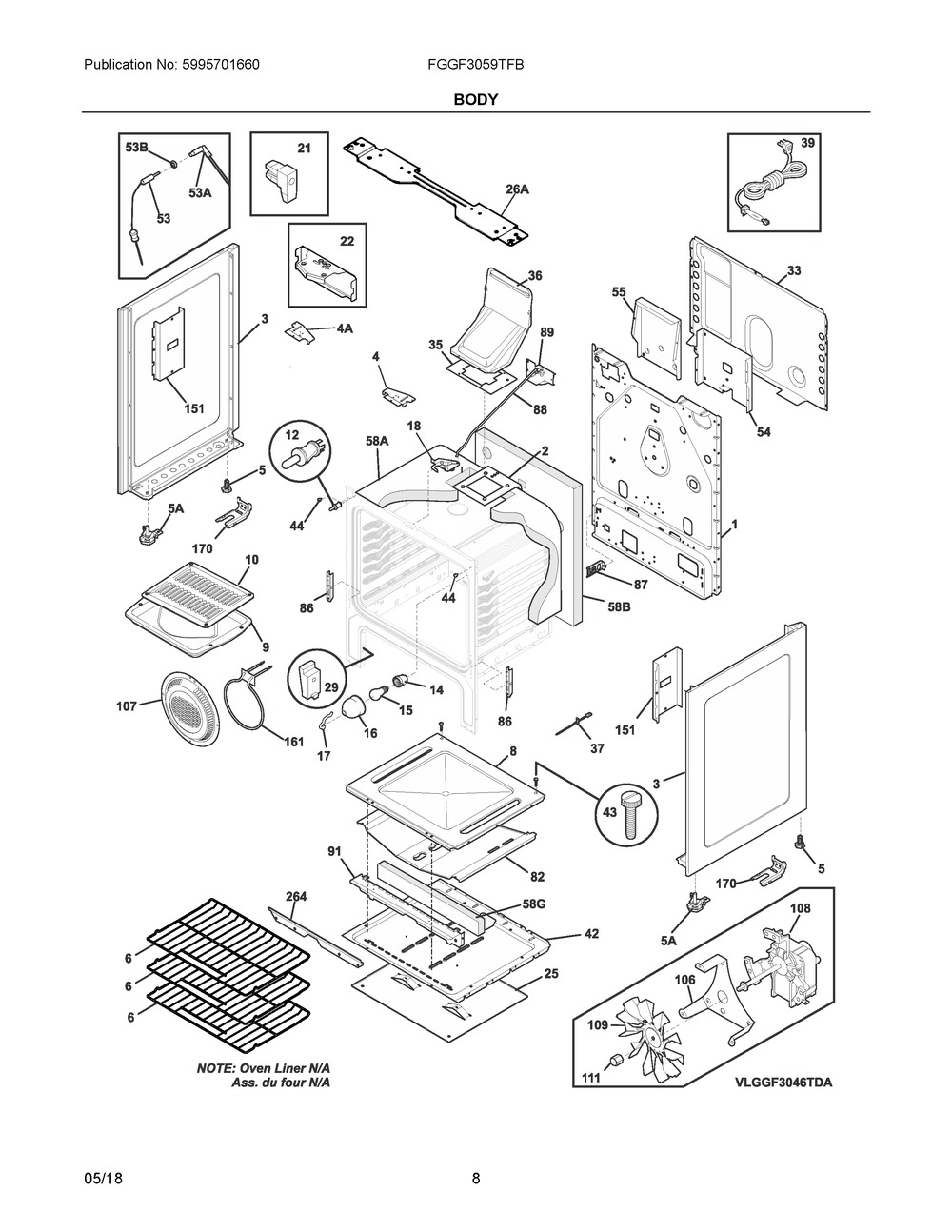 Body Diagram and Parts List for FGGF3059TFB  Frigidaire Range