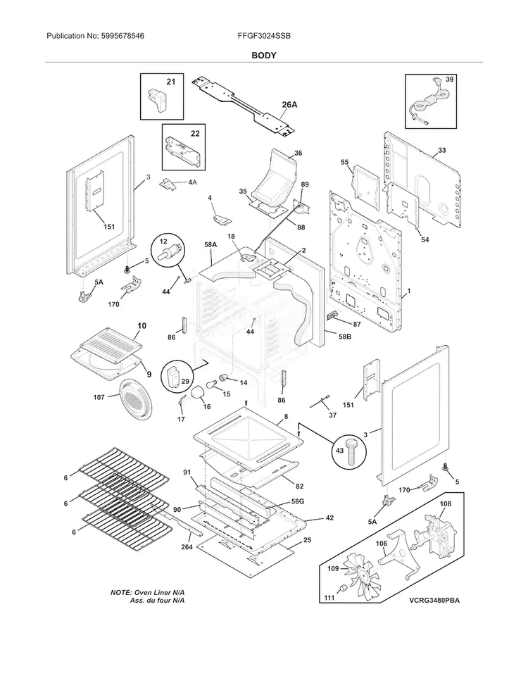 Body Diagram and Parts List for FFGF3024SSB  Frigidaire Range