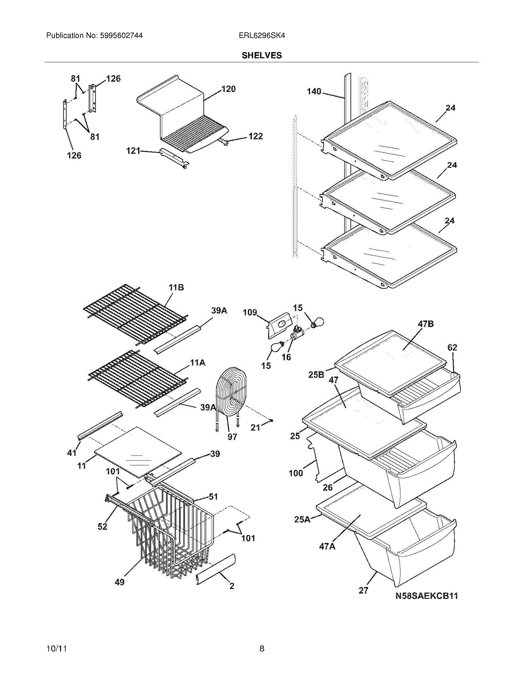 09 - SHELVES Diagram and Parts List for ERL6296SK4  Frigidaire Refrigerator