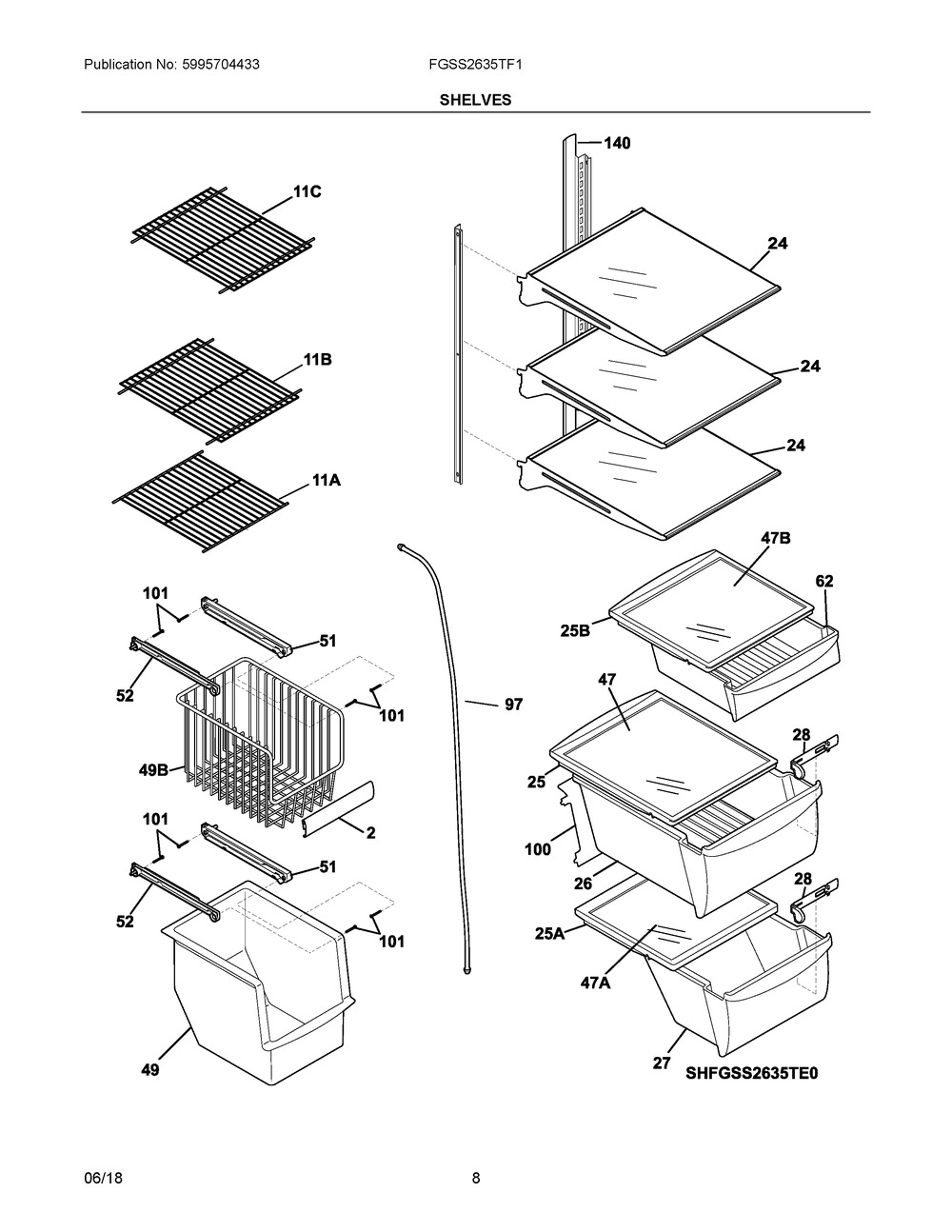 Shelves Diagram and Parts List for FGSS2635TF1  Frigidaire Refrigerator