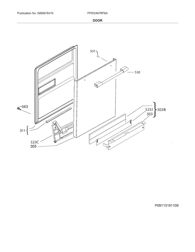 Door Diagram and Parts List for FPID2497RF6A  Frigidaire Dishwasher