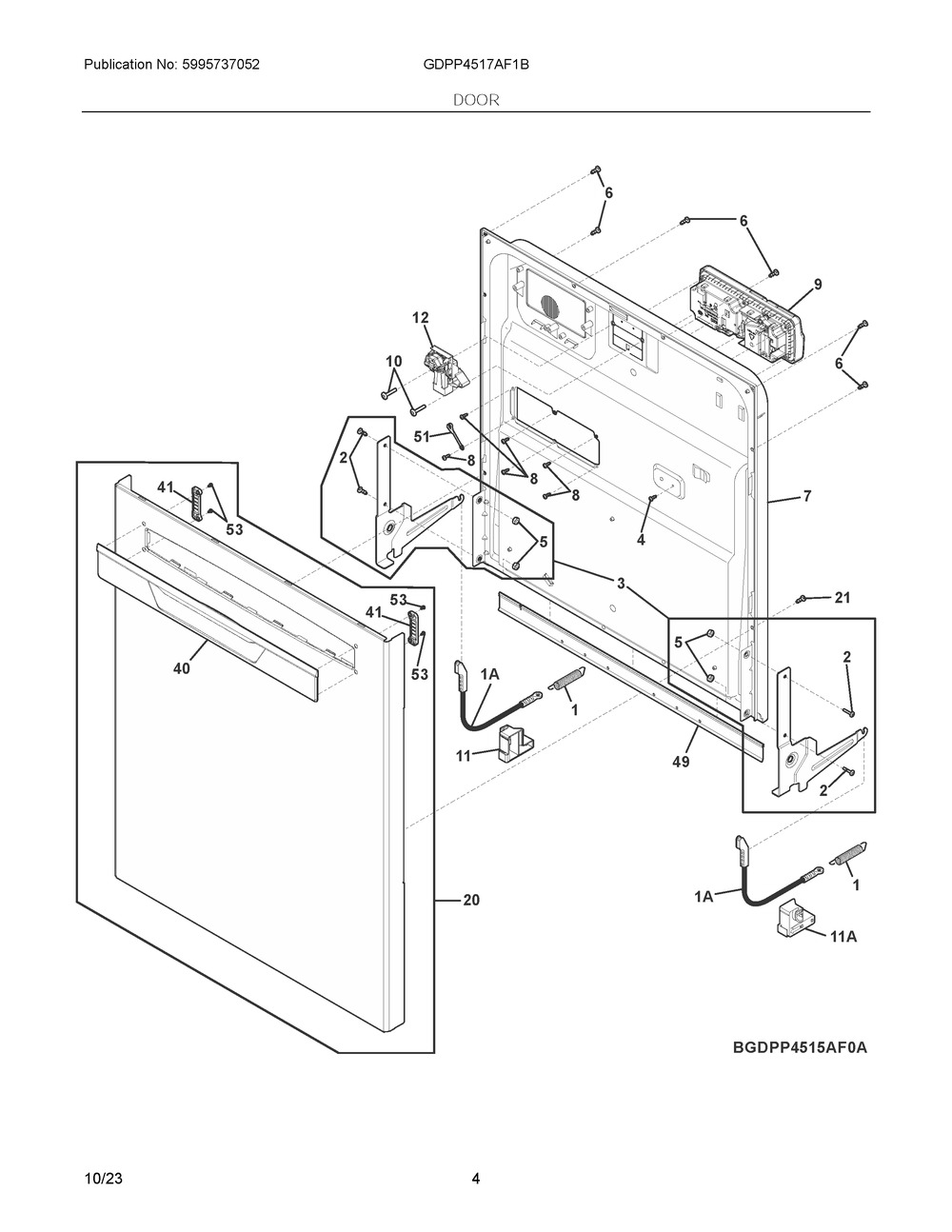 Door Diagram and Parts List for GDPP4517AF1B  Frigidaire Dishwasher