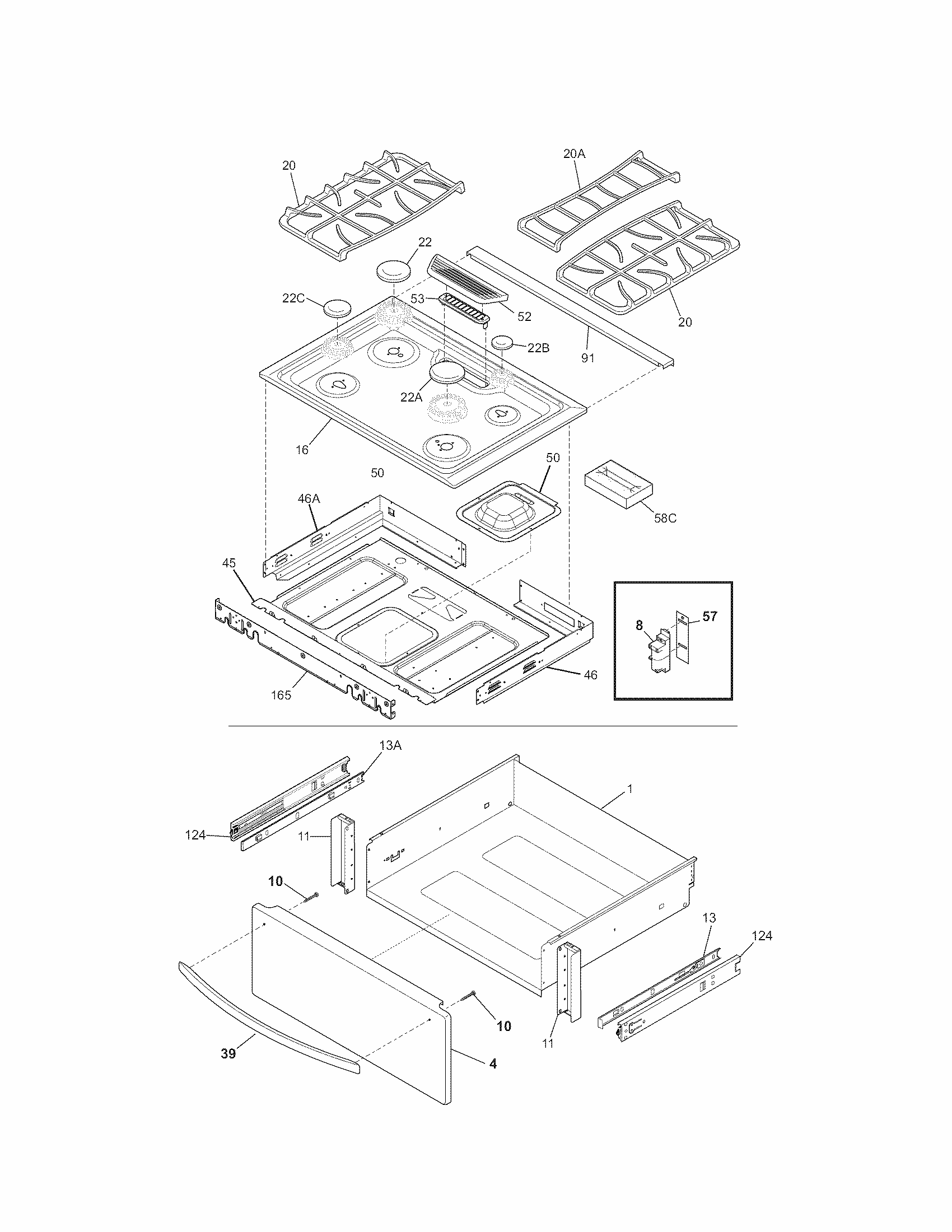 Top/drawer Diagram and Parts List for 79036903903  Kenmore Range