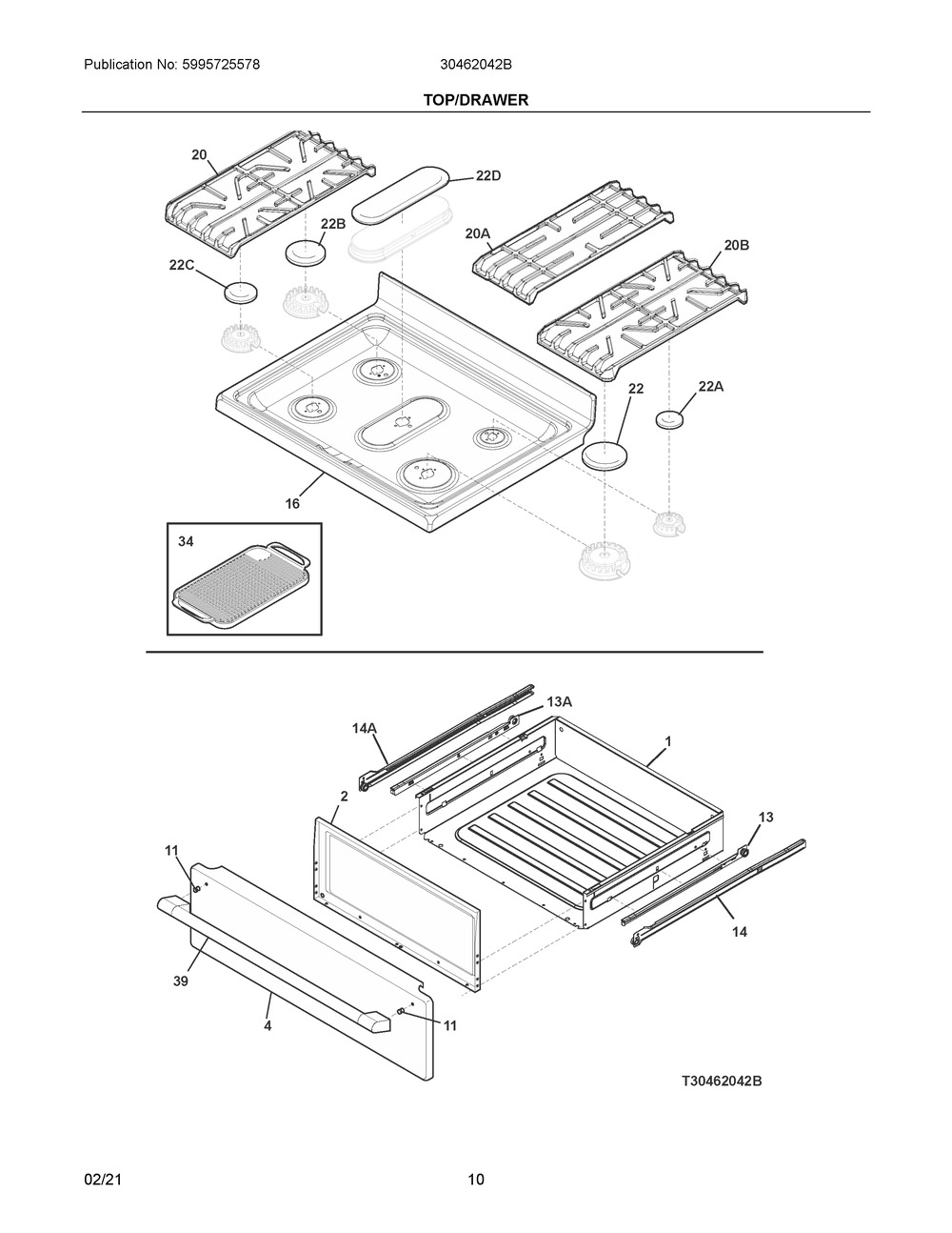 Top/Drawer Diagram and Parts List for 30462042B  Frigidaire Range