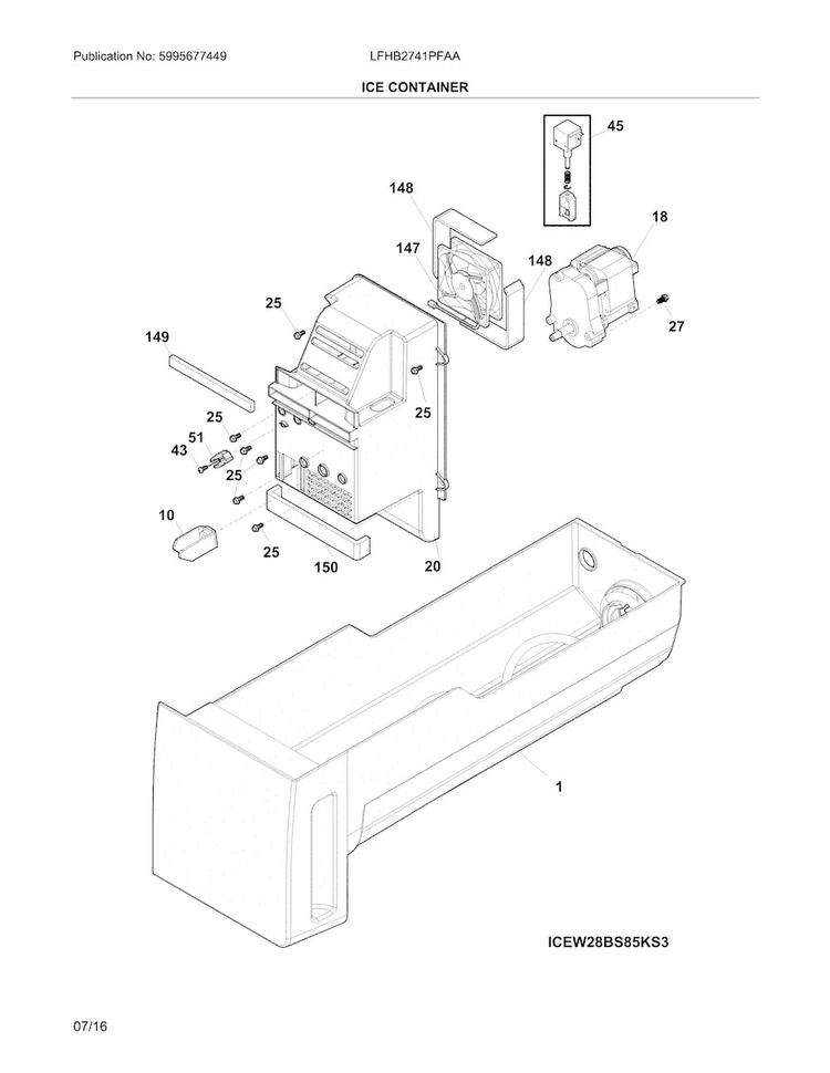 Ice Container Diagram and Parts List for LFHB2741PFAA  Frigidaire Refrigerator