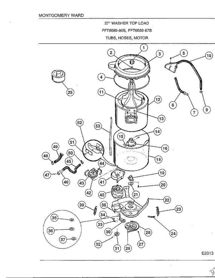Tubs/hoses/motor Diagram and Parts List for 6589-80B  Frigidaire Washer