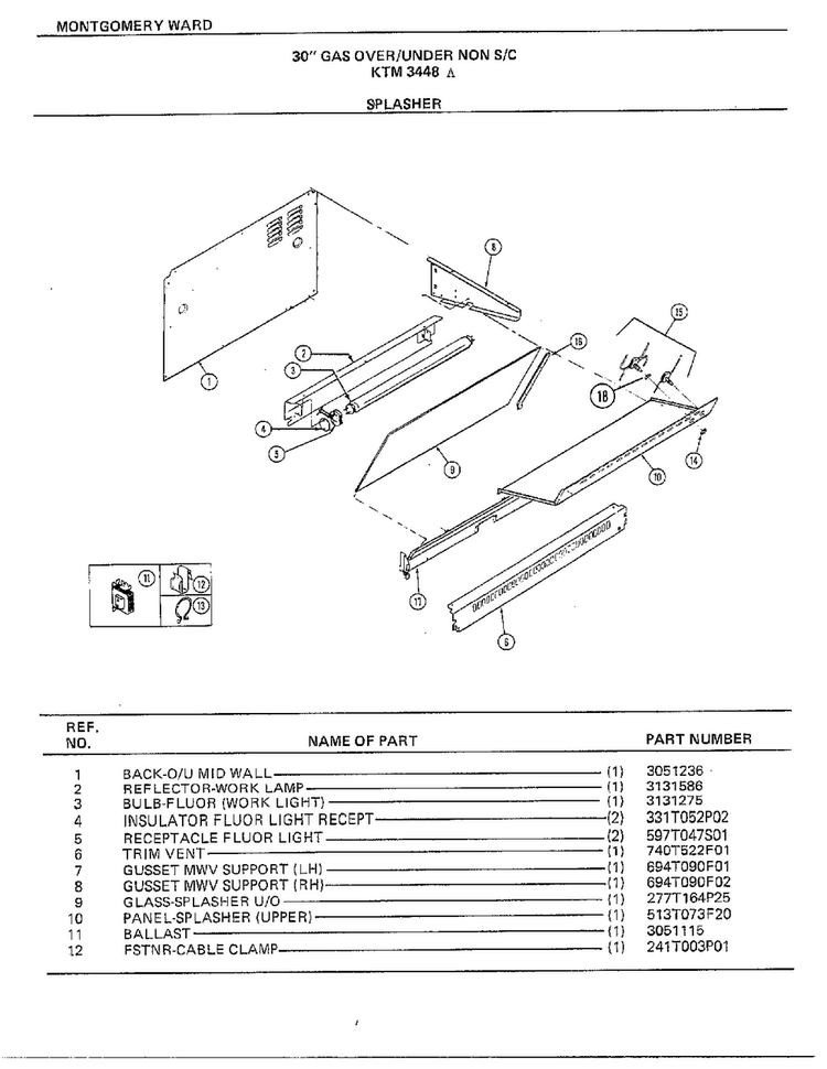 30" Gas Over/under Splasher Diagram and Parts List for 3448A  Frigidaire Range