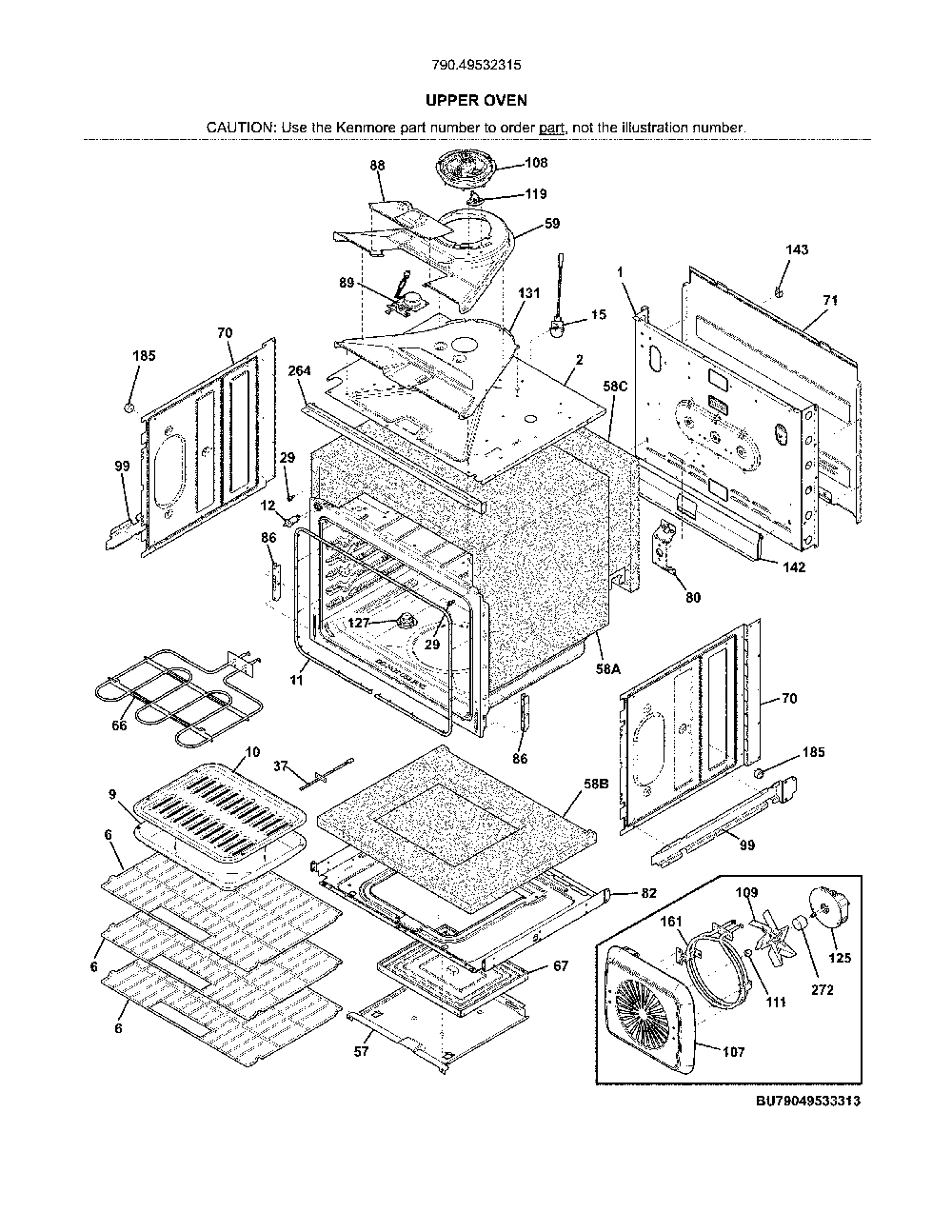 Upper oven Diagram and Parts List for 79049532315  Kenmore Wall Oven