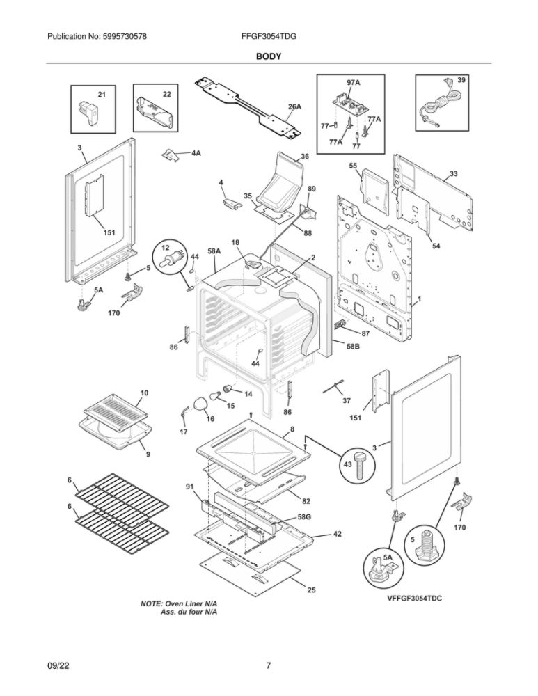 Body Diagram and Parts List for FFGF3054TDG  Frigidaire Range