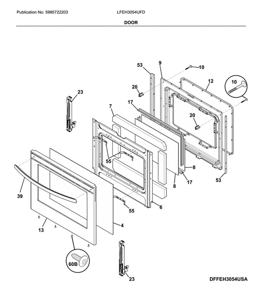 Door Diagram and Parts List for LFEH3054UFD  Frigidaire Range