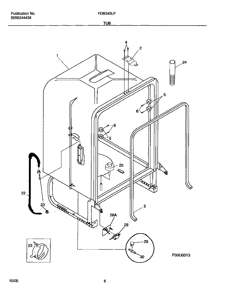TUB Diagram and Parts List for FDB345LFR1  Frigidaire Dishwasher
