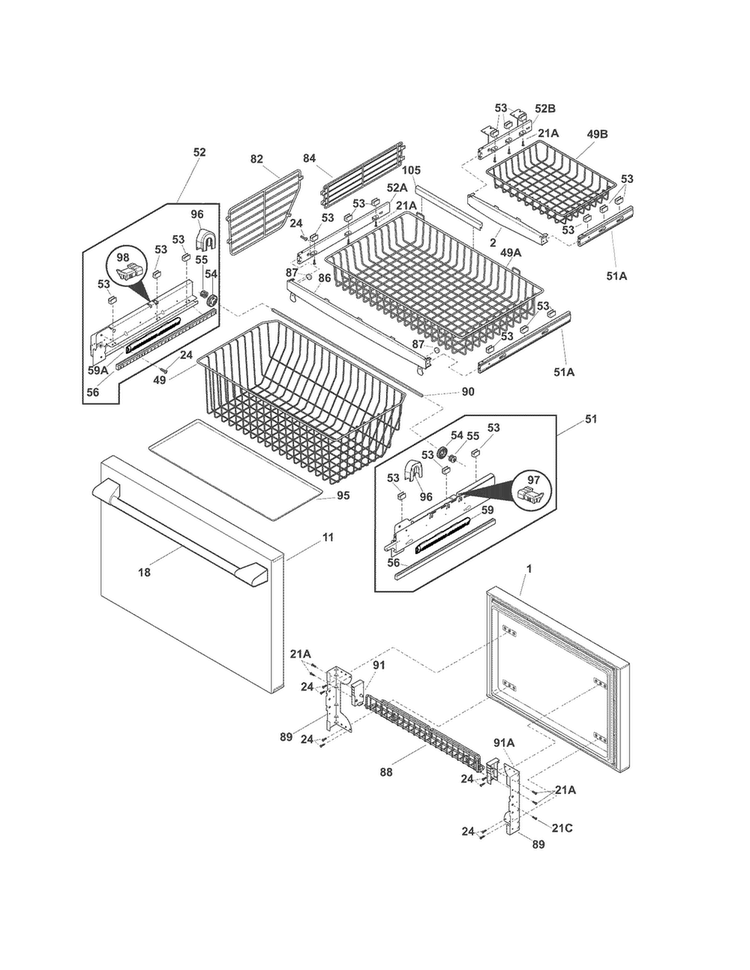 Freezer Drawer, Baskets Diagram and Parts List for E23BC68JPS6  Electrolux Refrigerator