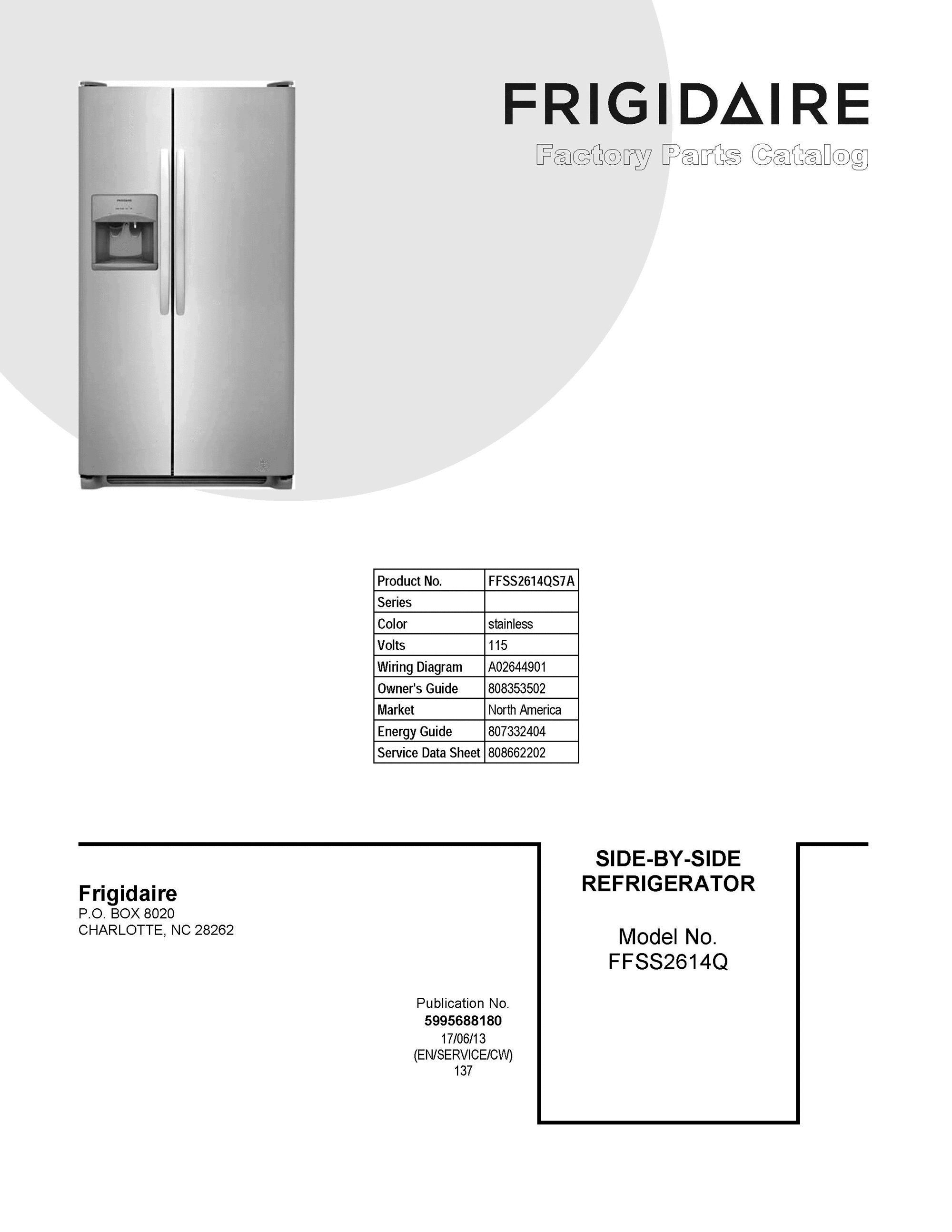 01 - COVER SHEET Diagram and Parts List for FFSS2614QS7A  Frigidaire Refrigerator