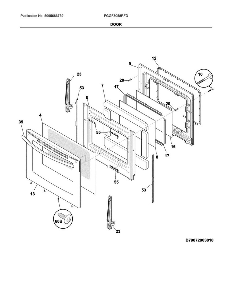 Door Diagram and Parts List for FGGF3058RFD  Frigidaire Range