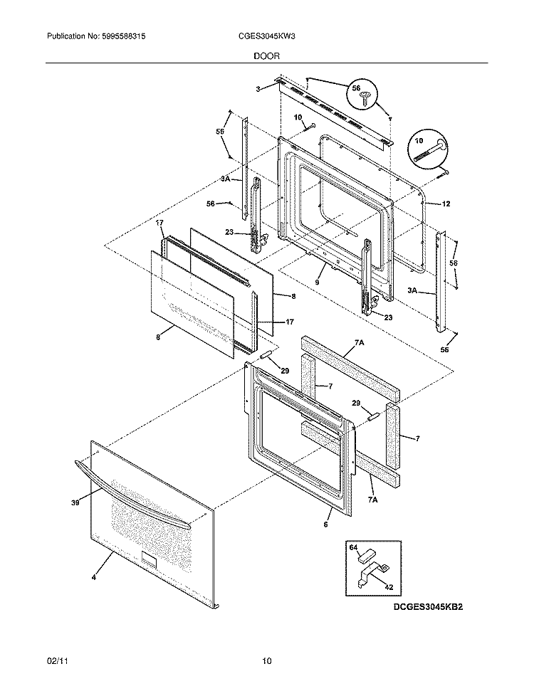 DOOR Diagram and Parts List for CGES3045KW3  Frigidaire Wall Oven