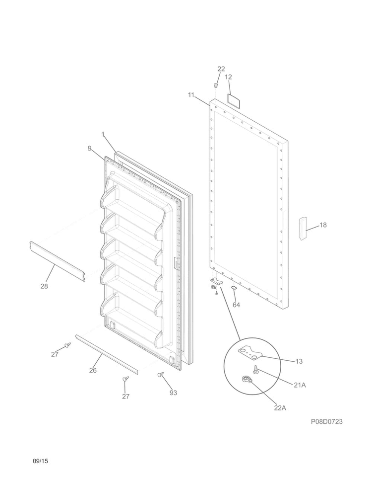 Door Diagram and Parts List for 25322040510  Kenmore Freezer