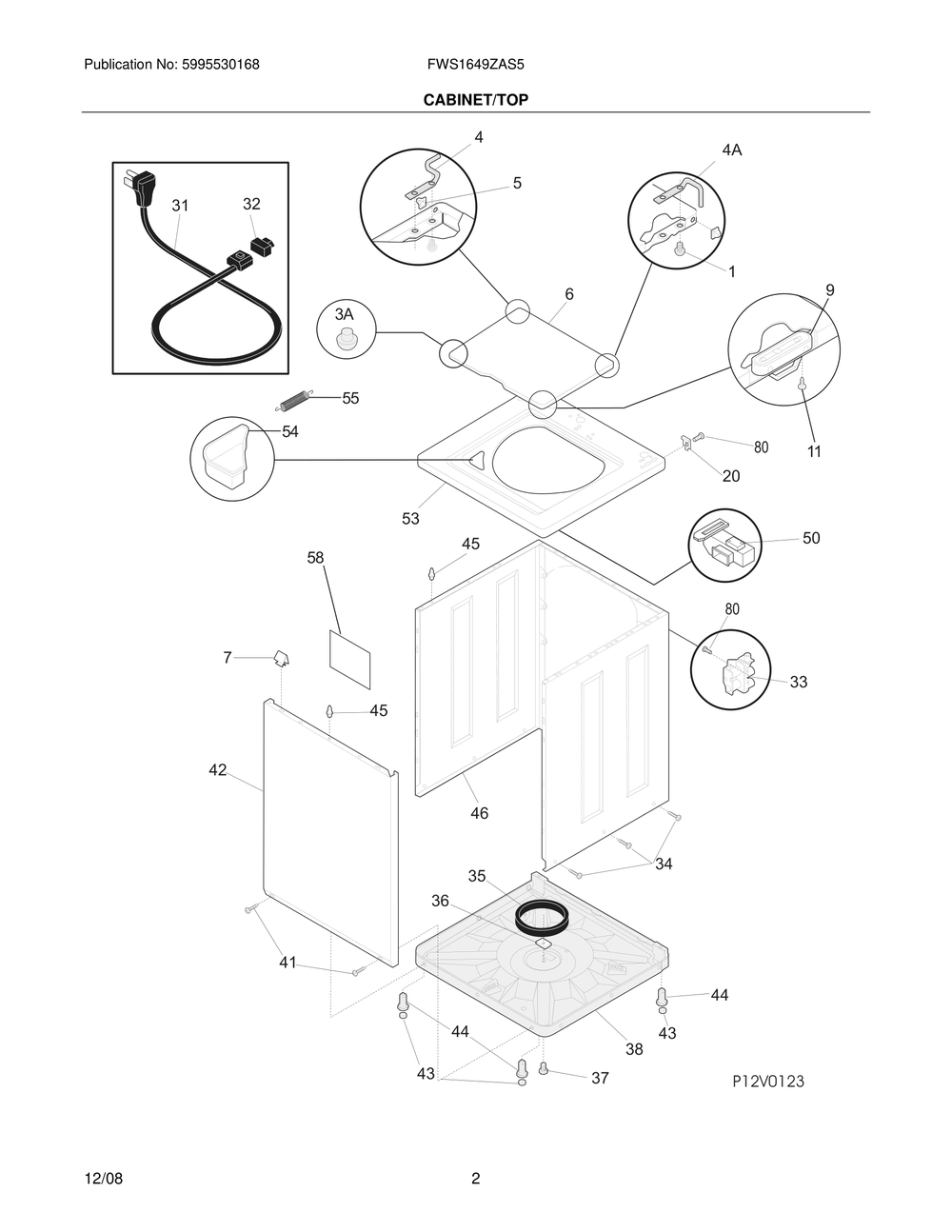 Cabinet/Top Diagram and Parts List for FWS1649ZAS5  Frigidaire Washer
