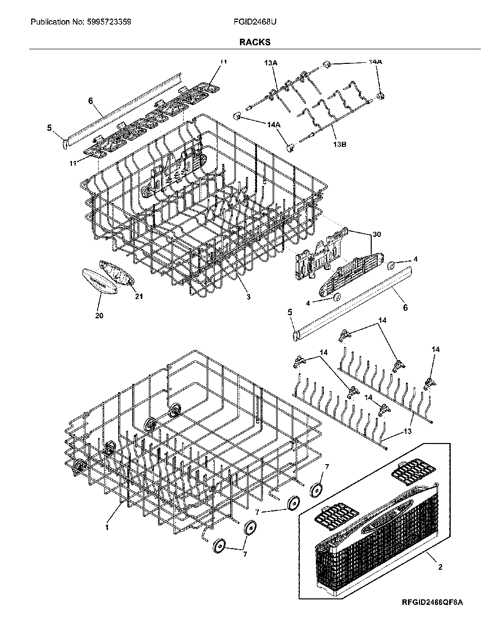 Racks Diagram and Parts List for FGID2468UF1A  Frigidaire Dishwasher