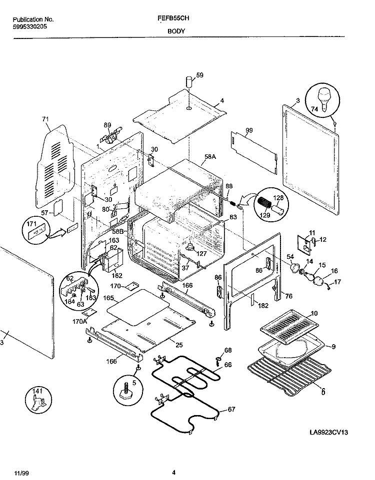 BODY Diagram and Parts List for FEFB55CHSE  Frigidaire Range