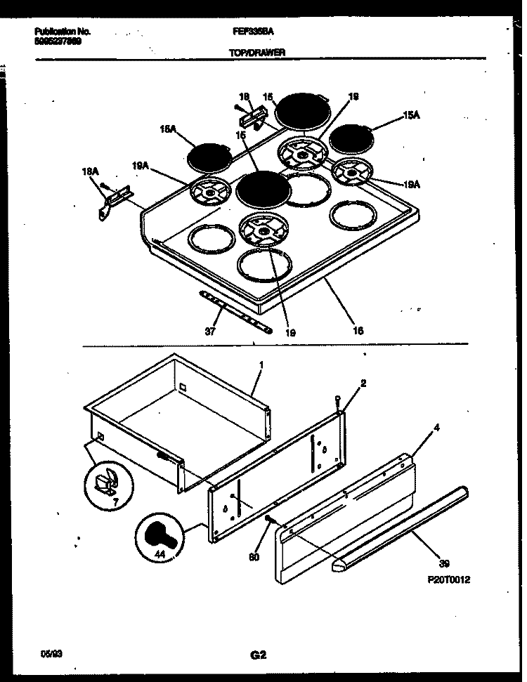 COOKTOP AND DRAWER PARTS Diagram and Parts List for FEF335BAWA  Frigidaire Range