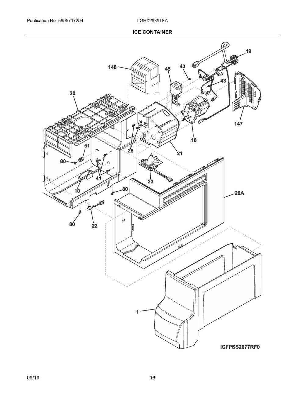 Ice Container Diagram and Parts List for LGHX2636TFA  Frigidaire Refrigerator
