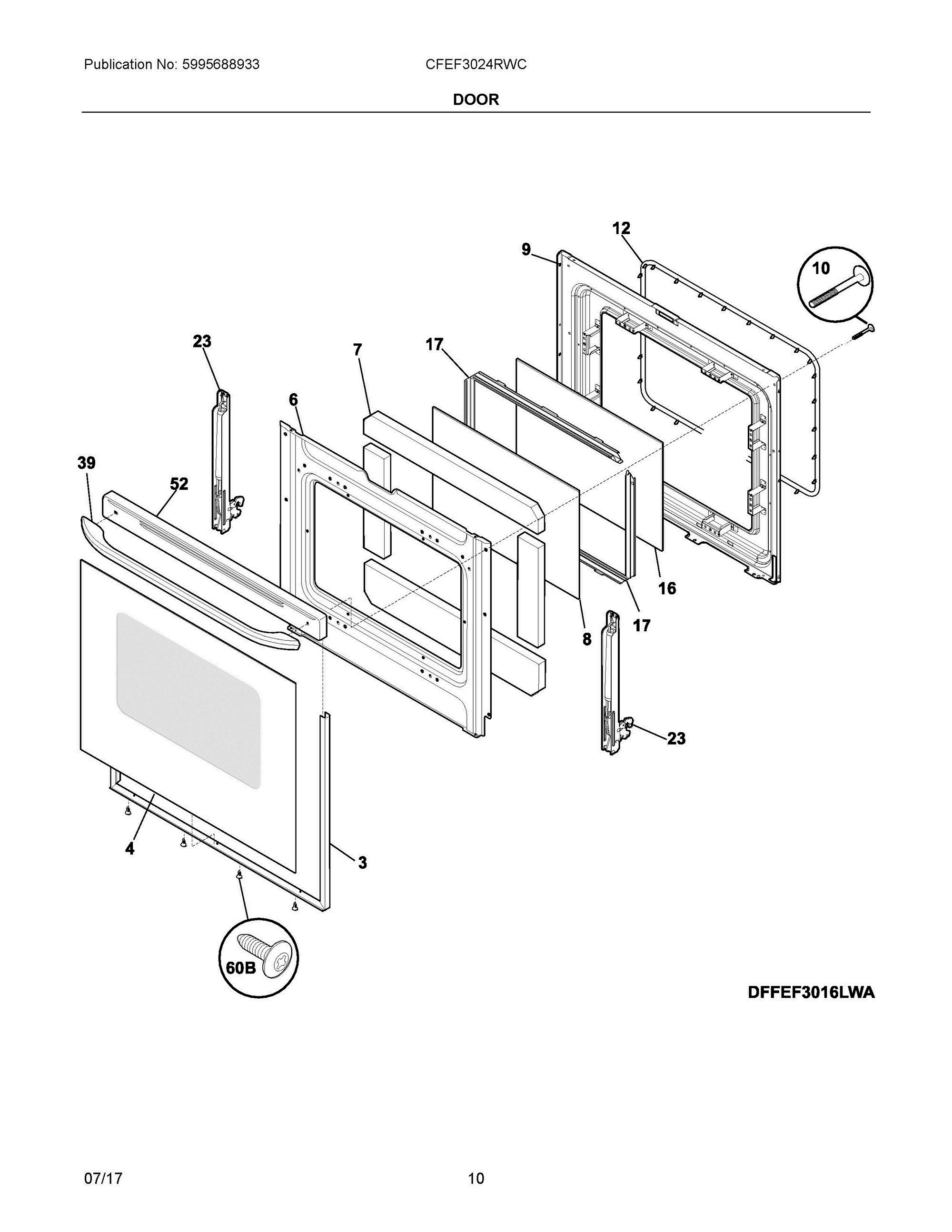 05 - DOOR Diagram and Parts List for CFEF3024RWC  Frigidaire Range