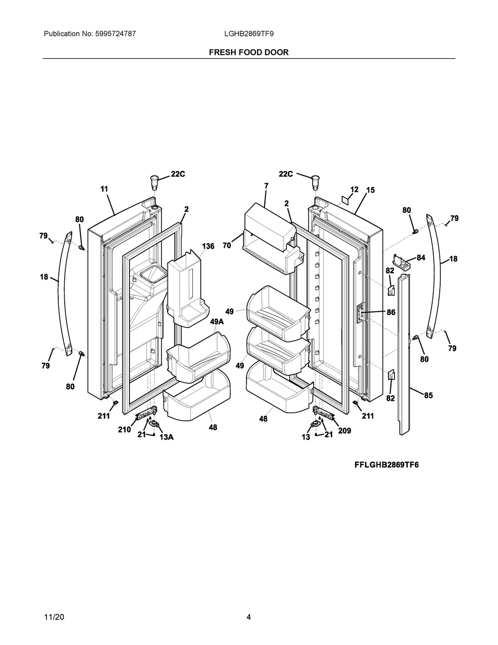 Fresh Food Door Diagram and Parts List for LGHB2869TF9  Frigidaire Refrigerator