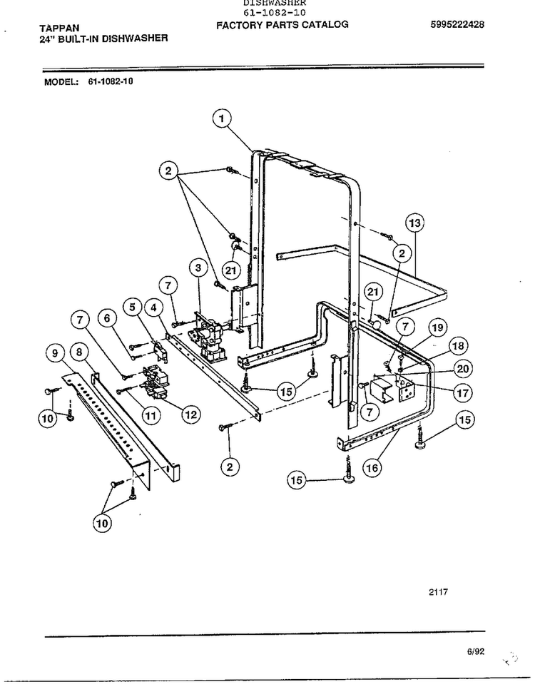 24" Built-in Dishwasher Page 9 Diagram and Parts List for 61-1082-10  Tappan Dishwasher