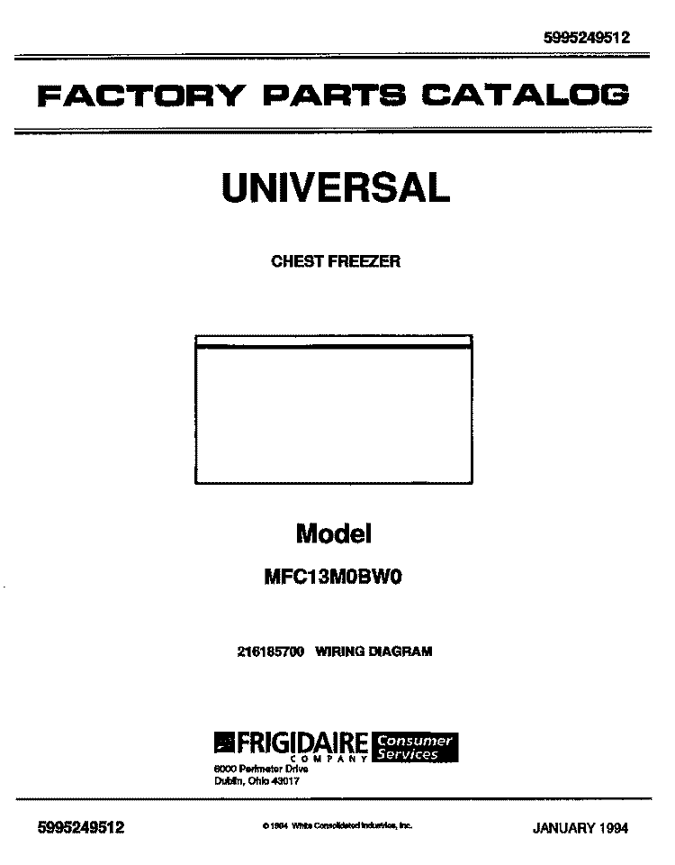 COVER Diagram and Parts List for MFC13M0BW1  Frigidaire Freezer