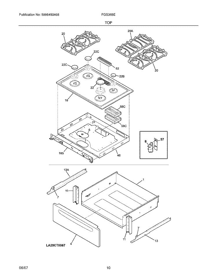 TOP / DRAWER Diagram and Parts List for FGS365EBE  Frigidaire Range